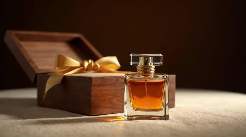 A wooden gift box with a gold ribbon beside a perfume bottle