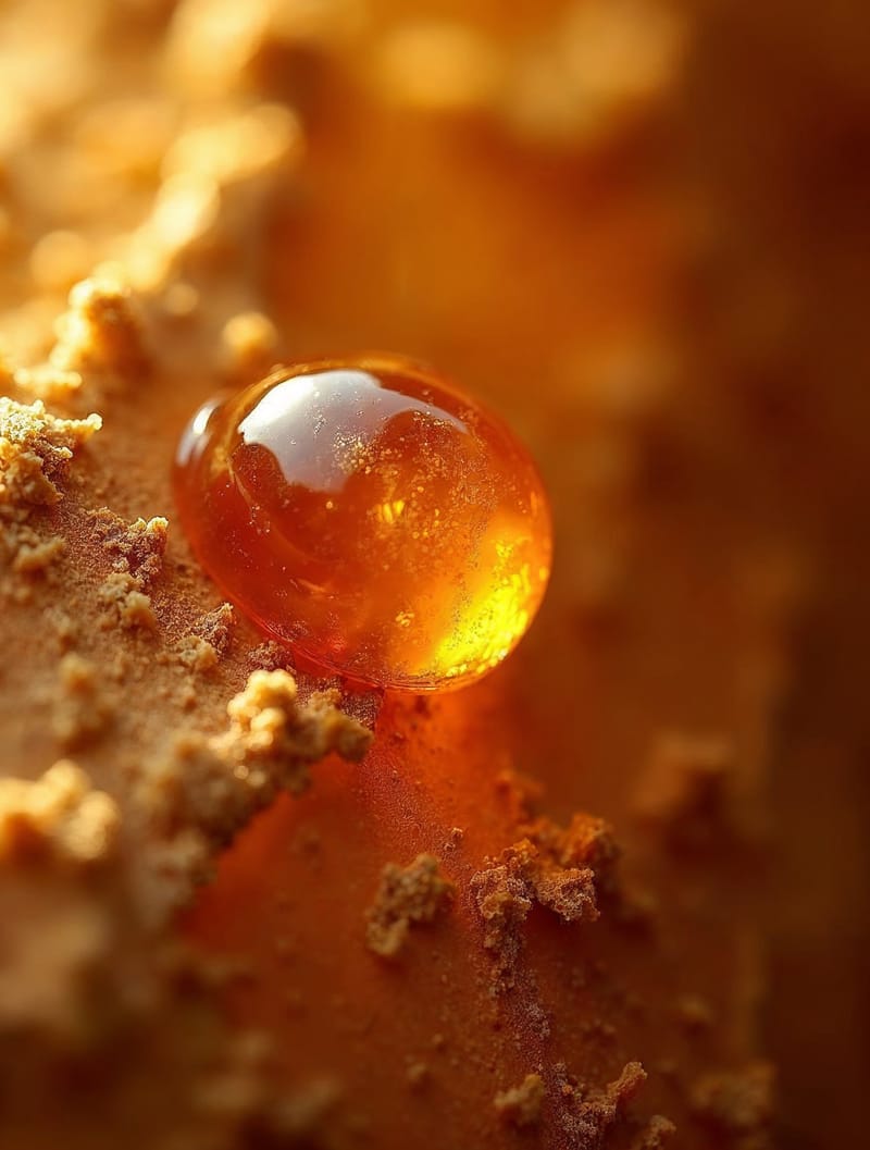 A tear of amber frankincense resin on the bark of a frankincense tree