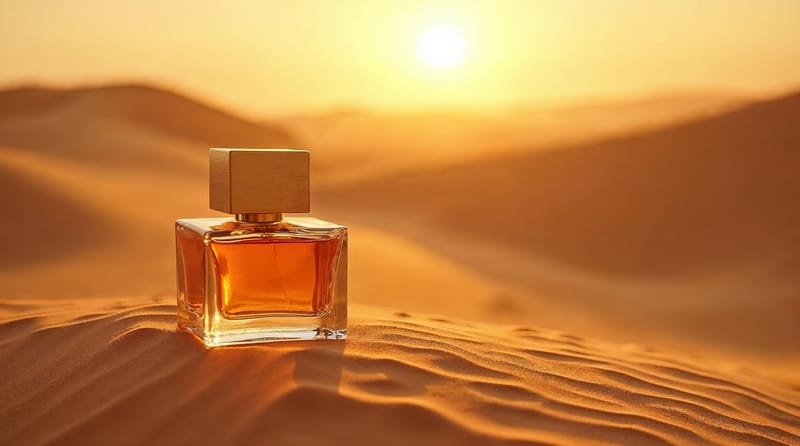 An amber perfume bottle on golden sand dunes at sunset
