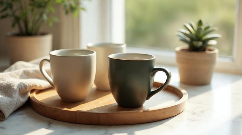 Matte ceramic mugs in beige, olive and black on a wooden tray