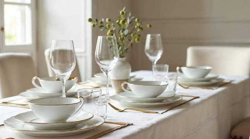 A table set for six with white porcelain and gold rims